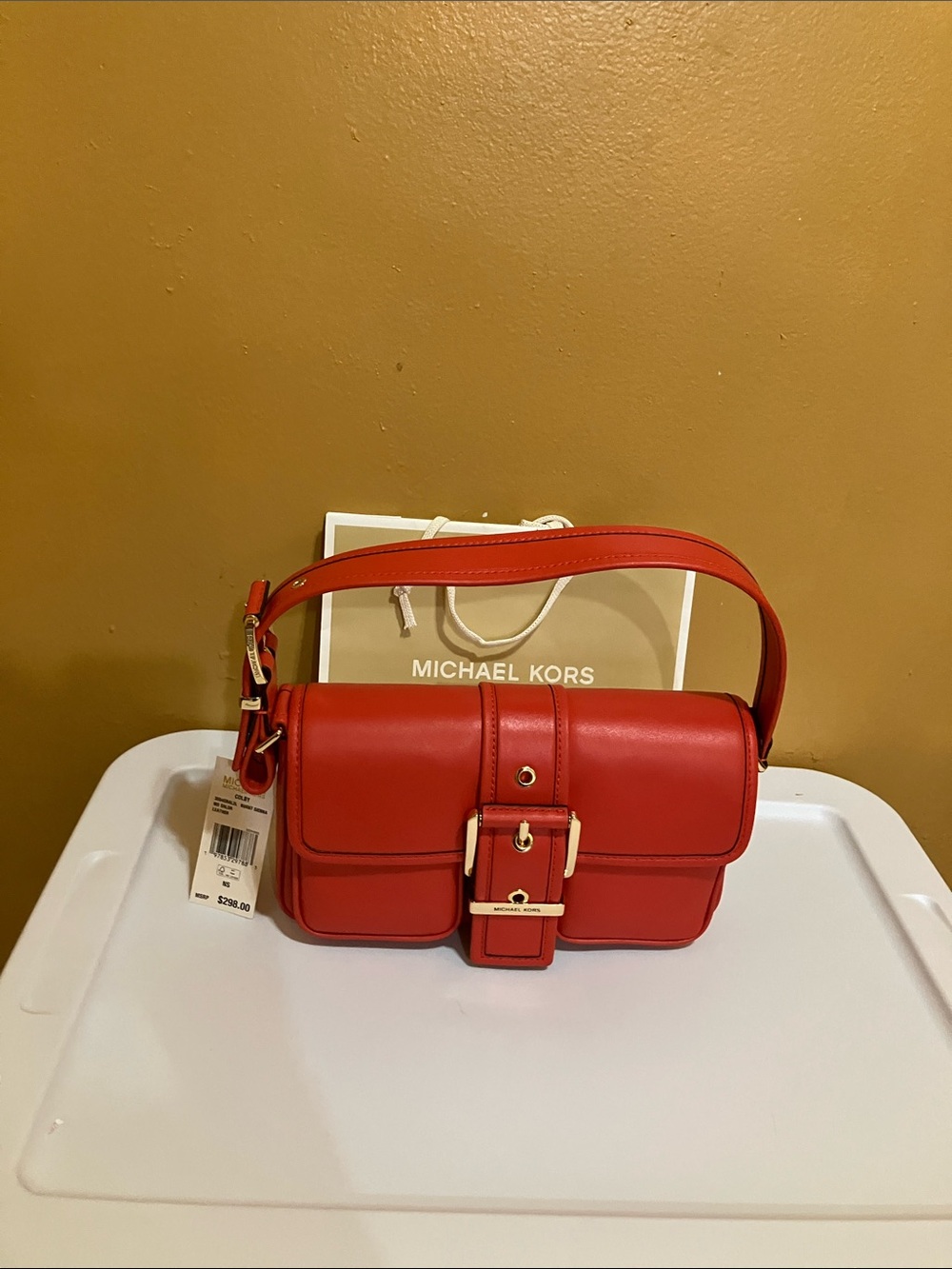 Michael Kors Red Leather Shoulder Satchel with Buckle Detail